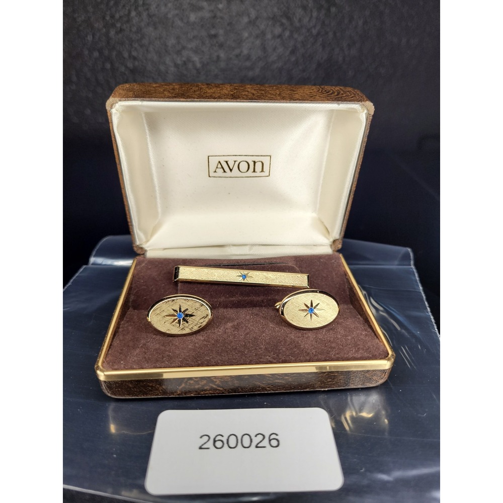 Avon Cufflinks Tie Bar Set Gold Tone Sunburst Star Blue Stone Excellent